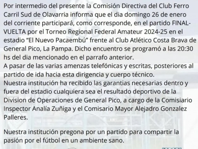 Ferro pag a la terna arbitral y confirm el viaje a Gral. Pico