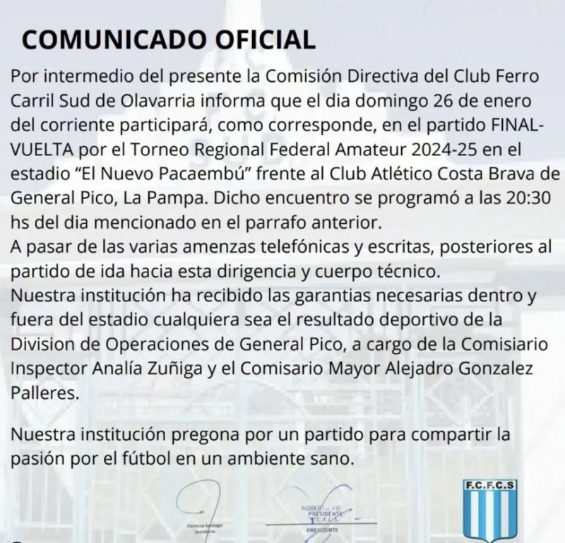 Ferro pag a la terna arbitral y confirm el viaje a Gral. Pico