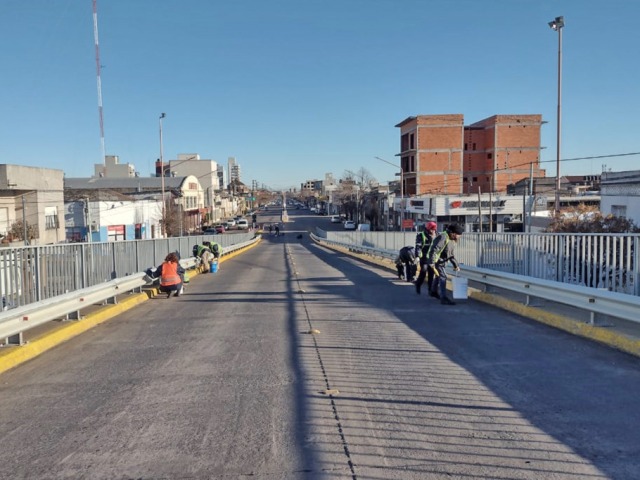 Trabajos de limpieza sobre el puente de la avenida Coln