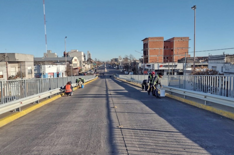 Trabajos de limpieza sobre el puente de la avenida Coln